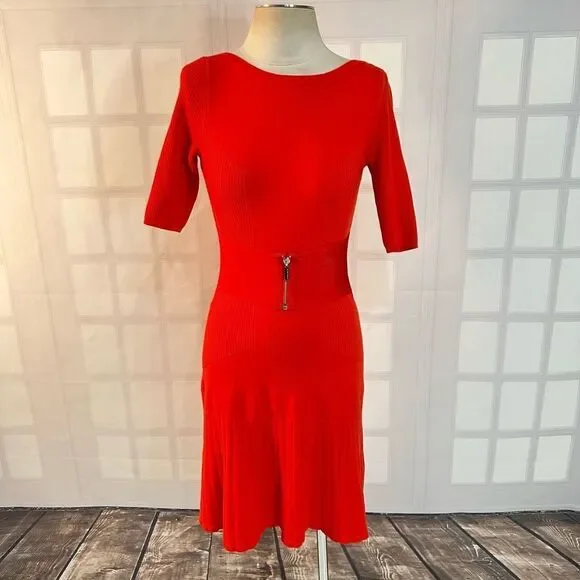 open lace back dress KAREN MILLEN RED 3/4 OPEN CROCHET KNIT SLEEVE FINE RIB BODYCON DRESS S –  Whispers Dress Agency main image 0